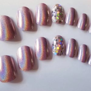 Purple Holo Press On Nails - Bling Nails New Hand Painted